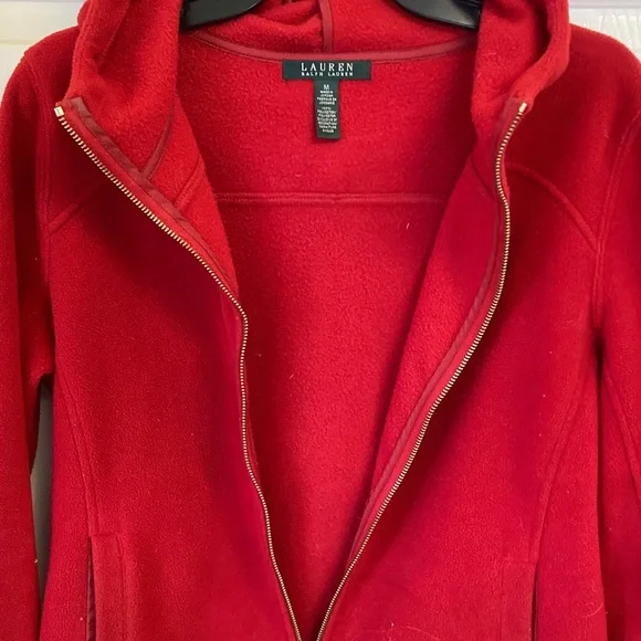 Lauren Ralph Lauren Red Zip-Up Hooded Fleece with Gold Crest - Picture 5 of 9
